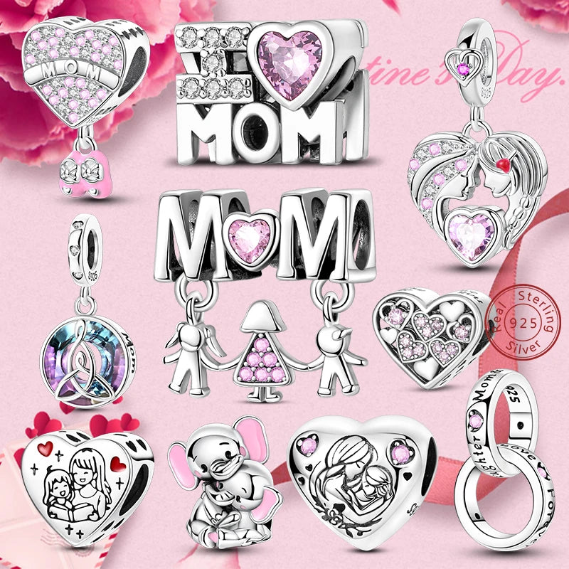 Silver Charm Bead Mother's Day Love Heart Family Charm Bead Pendant Fits Bracelet Womens Jewelry Gifts - Image 1