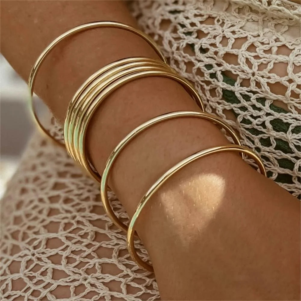 Stainless Steel Bracelet For Women Round Minimalist Elegant Gold Color Bangle Accessories Jewelry - Image 1