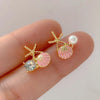 White Pink Shell Starfish Stud Earrings for Women Cute Asymmetric Imitation Pearl Rhinestones Beads Charms Small Ear Jewelry - Image 4