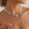 Heart-shaped Zircon Double Chain Tassel Design Collarbone Chain Crystal Necklace - Image 1