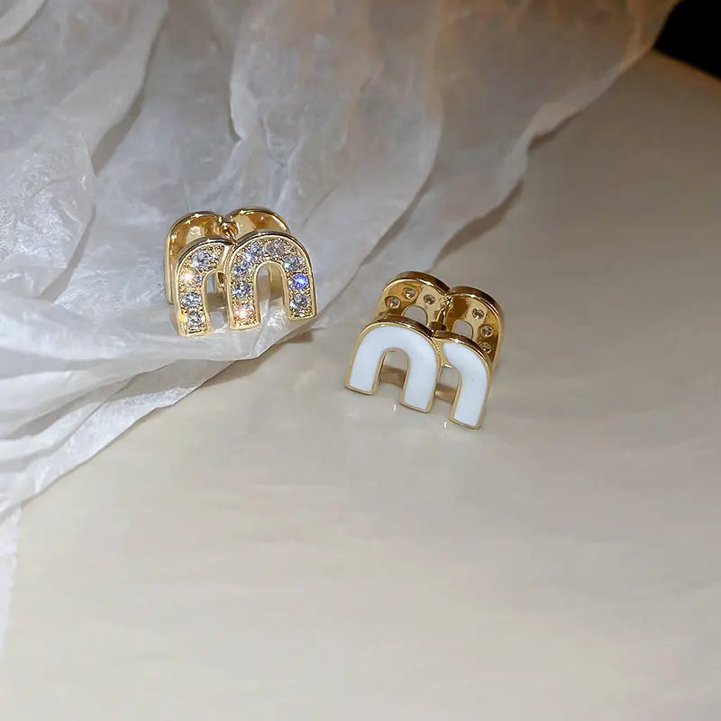 Double-sided Zircon Dripping M Letter Light Hoop Earrings French Personality Design Temperament Earring K - Image 1