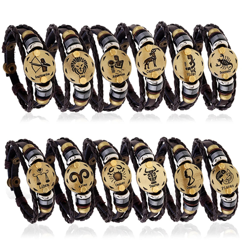 12 Horoscope Leather Bracelet For Women Man Vintage Retro Charm Male Bracelets Jewelry Gifts Leo Cancer Aries Couple Zodiac Sign - Image 1