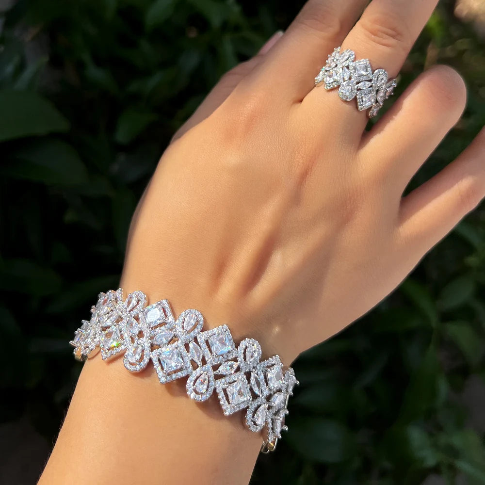 ThreeGrace Shiny Zircon Elegant Open Cuff Bangle and Ring Set for Women Dubai Bridal Wedding Evening Party Jewelry - Image 1