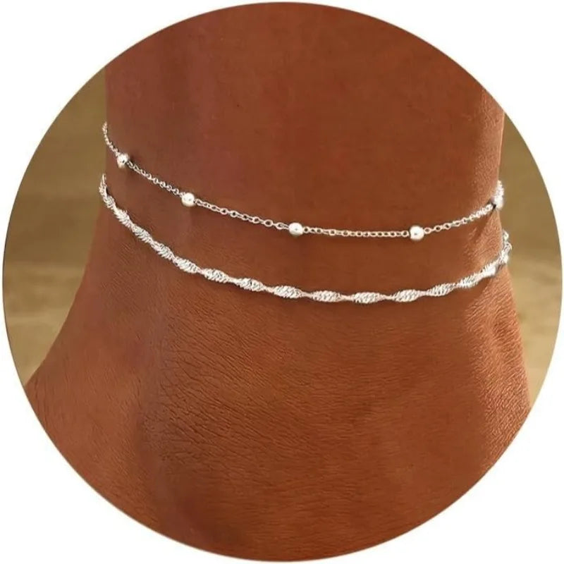 Silver Plated Stainless Steel Ankle Bracelets for Women, Layered Twisted Chain Satellite Bead Anklets Set - Image 1