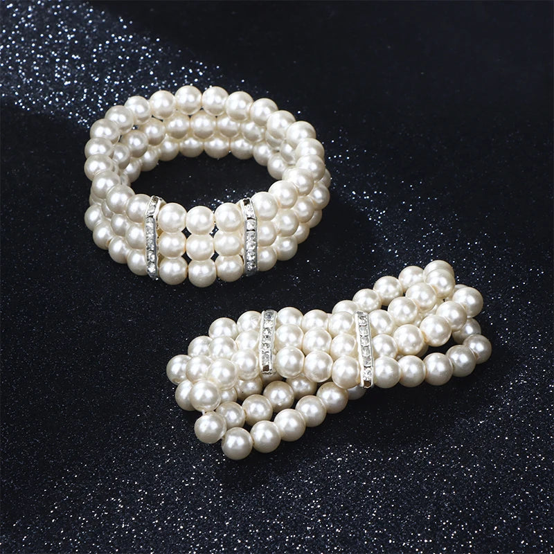 Three-Row Glass Bead Stretch Bracelet with Rhinestone Details - Image 1