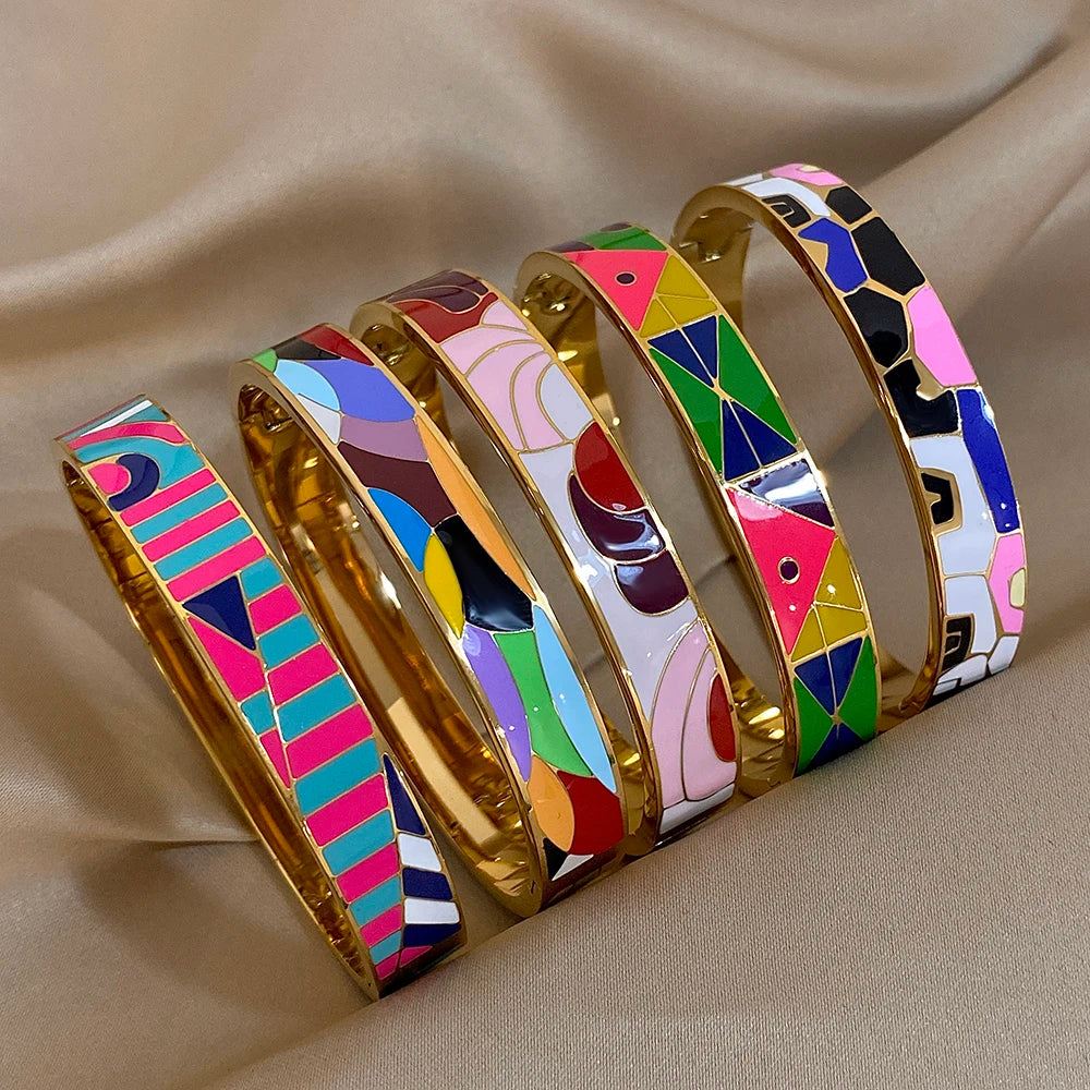 Greatera Vintage Enamel Stainless Steel Cuff Bracelet Bangle for Women Colorful Pattern Gold Plated Party Jewelry - Image 1