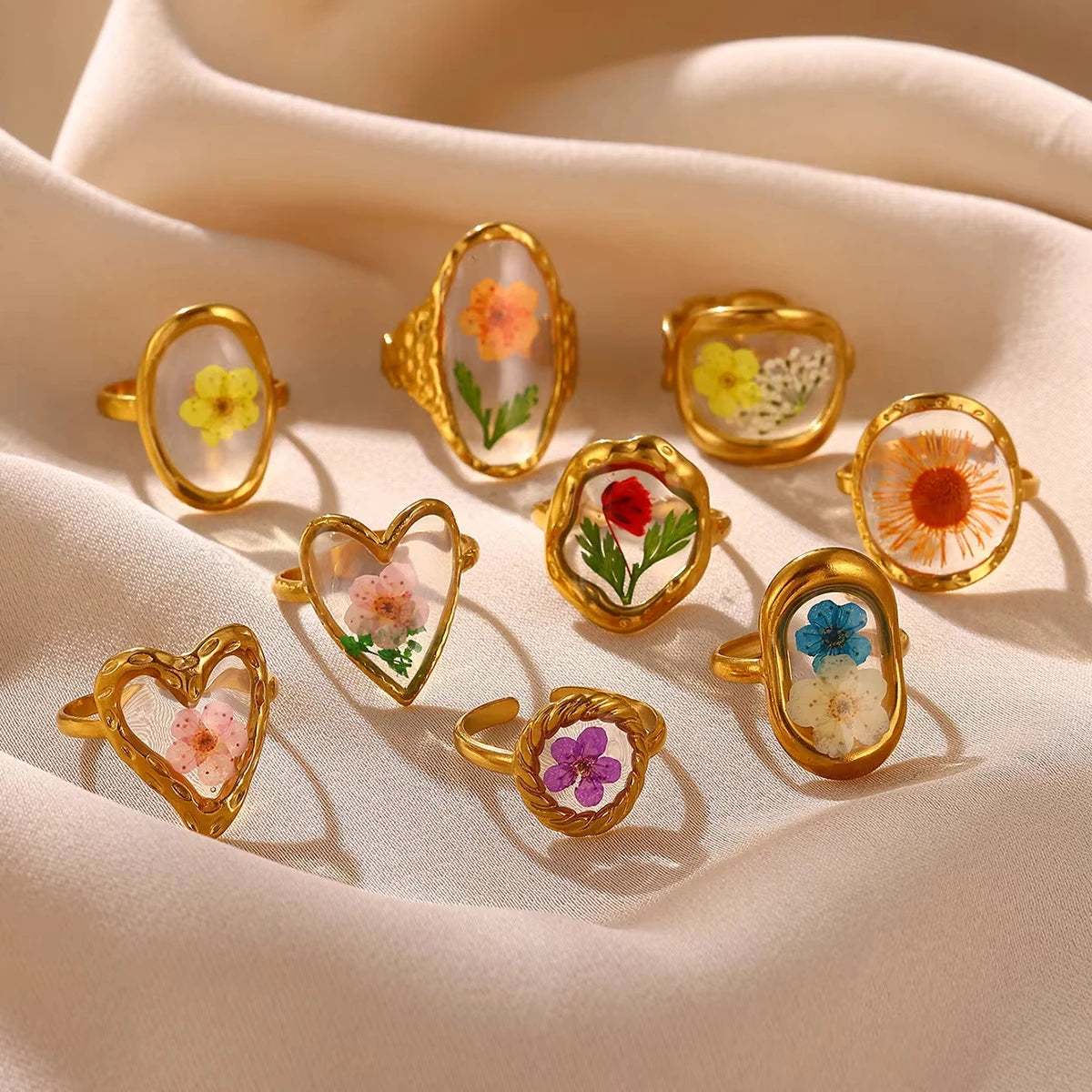 Heart Oval Eternity Flower Ring for Women Stainless Steel Gold Color Open Rings Summer Dopamine Jewelry - Image 1