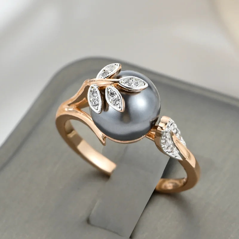 Grey Pearl Women's Rings Rose Gold Color Wedding Zircon Jewelry Gifts - Image 1