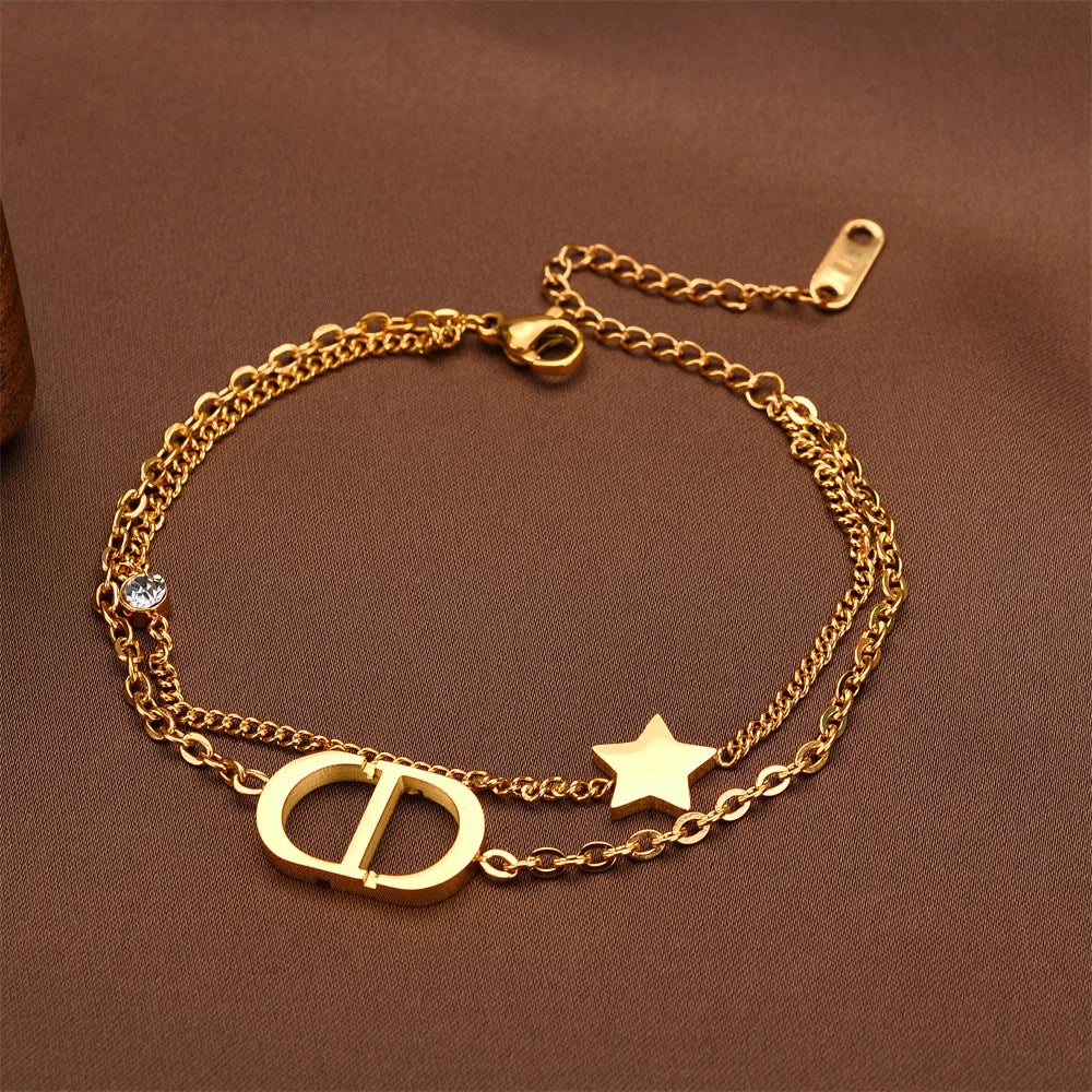 Titanium Steel Double Layer Bracelet with Letter Star Design Simple Elegance Daily Wear Unique Style Hand Jewelry - Image 1