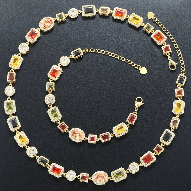 Golden Plated Spliced Colorful CZ Gemstone Bracelet Necklace With Hip Hop Style Unisex Couple Jewelry： - Image 1