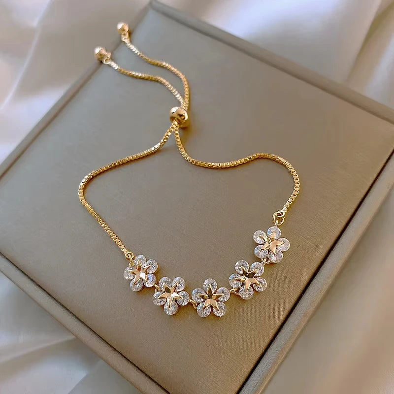 Rhinestone Bracelet Ladies Stars Flower Charm Wristlet Bracelets Gold Color Adjustable Bangle Wedding Jewelry - Image 1
