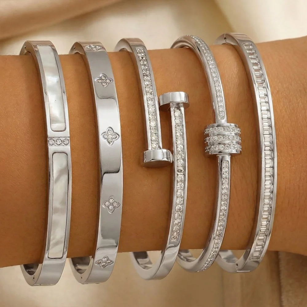 Stainless Steel CZ Bangle Bracelet for Women Silver Plated Clover Open Cuff Bangles No Fade Jewelry Gifts - Image 1
