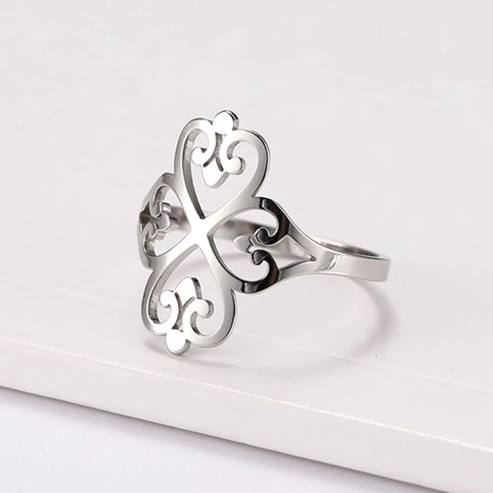 Geometric Filigree Flower Rings for Women Stainless Steel Vintage Four-leaf Clover Ring Birthday Jewelry Gift - Image 1