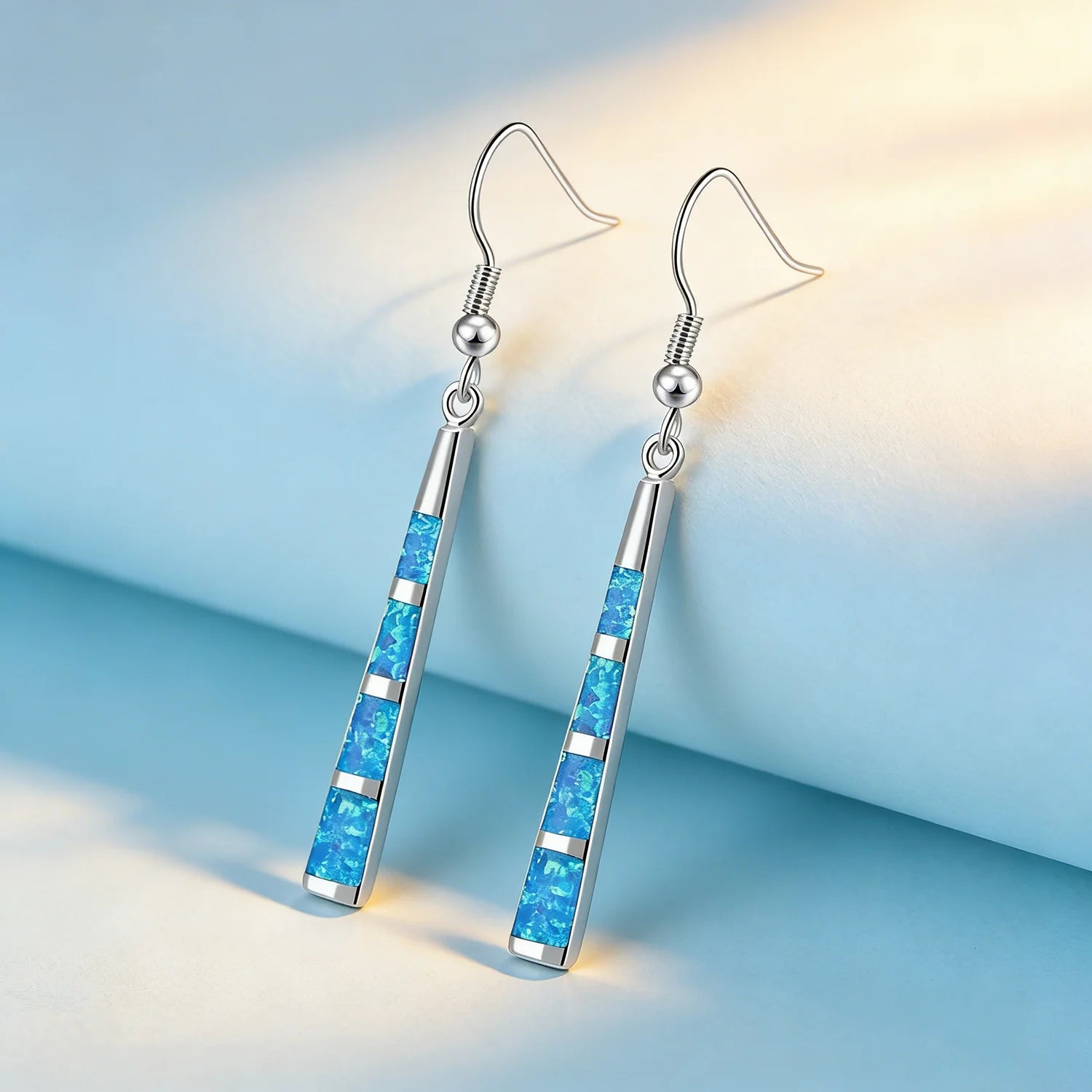 Blue Opal Drop Earrings for Women,Dangling Earrings with Multiple Rectangular Stones, Minimalist Jewelry Gift for - Image 1