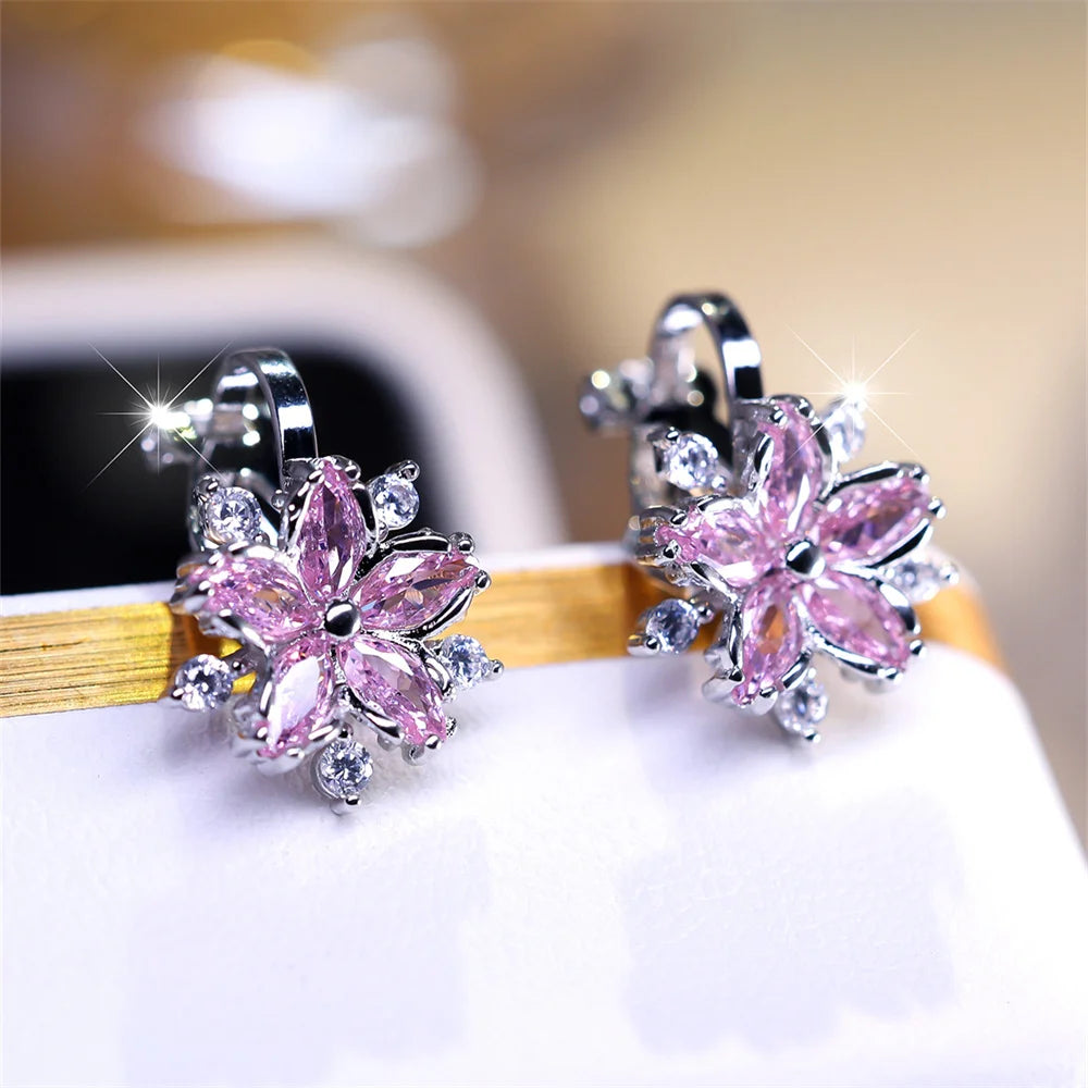 Elegant Pink Crystal Sakura Clip Earrings White Zircon Cute Flower Earrings For Women Vintage Silver Color Wedding Jewelry Gifts - Image 1