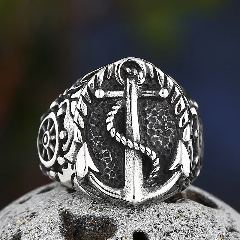 Stainless Steel Classic Bumps Signet Ring Navy Ship Shape Anels For Men Women Boat Jewelry Party Gift - Image 1