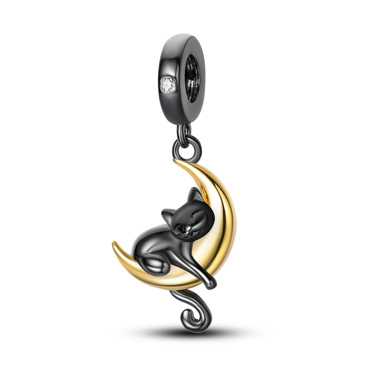 Silver Black Cat Moon Charm Two Tone Dangle Bead Fit Bracelets Necklace Mystical Cute Animal Women Jewelry - Image 1