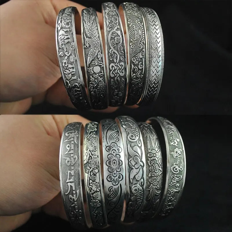 Retro Cuff Bracelets Tibetan Silver Metal Carving Fish Elephant Flower Bangles Vintage Gypsy Jewelry Female Gifts - Image 1