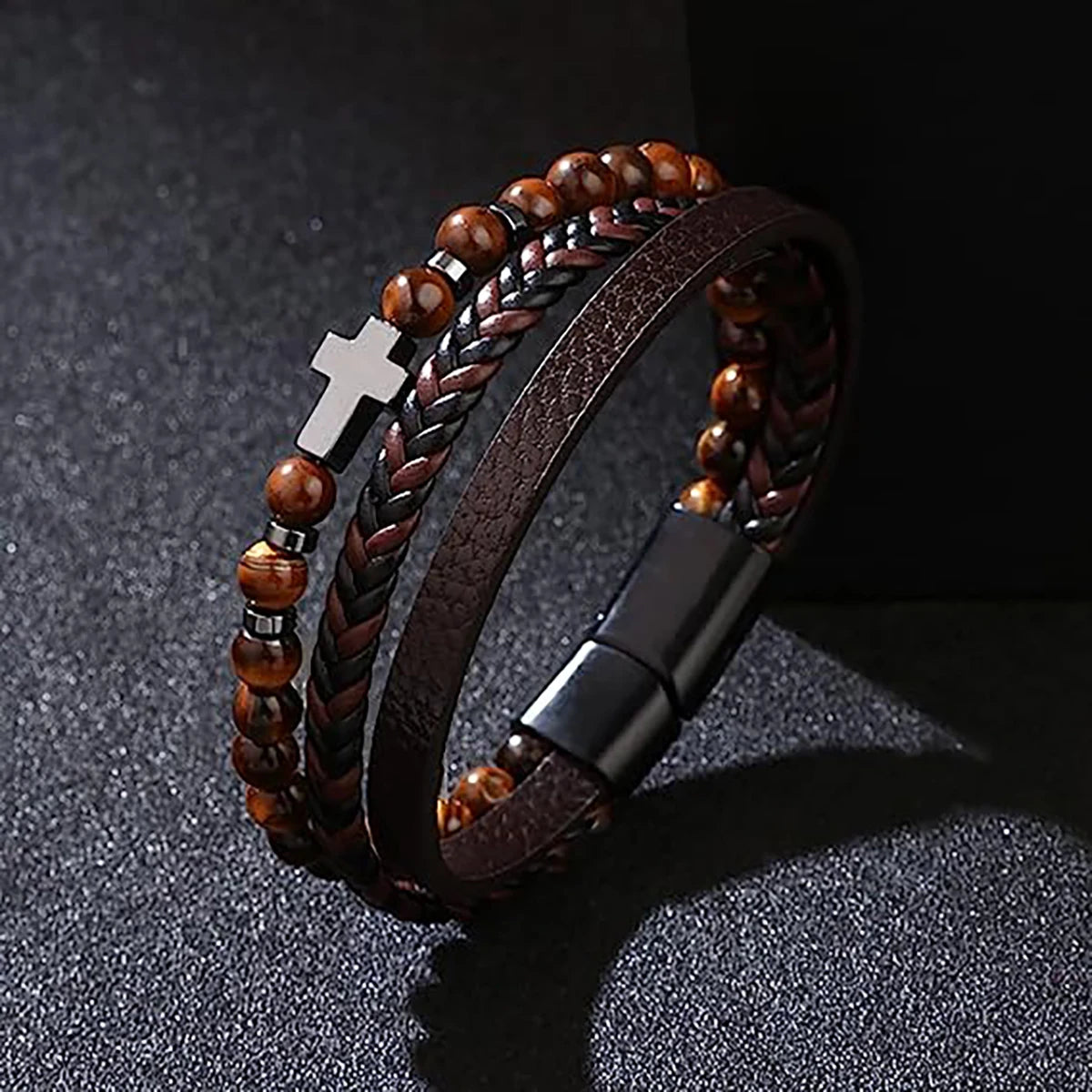 Vintage Multi-Layer Leather Bracelet Men Punk Cross Charm Tiger Eye Stone Beads Bracelet Braided Wrap Wristbands Jewelry - Image 1