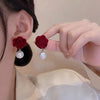 Simulation Pearl Red Flower Earrings For Women Wedding Stud Earrings Korean Jewelry Gifts - Image 5