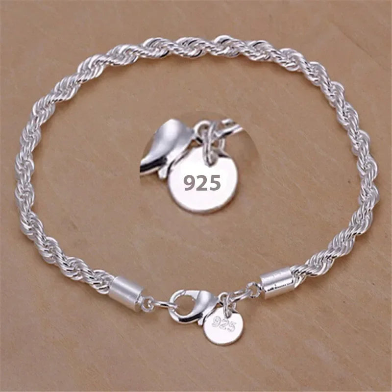 Silver 4MM Twisted Rope Bracelets For Women Men Minimalist Couple Chain Bracelet Male Silver Jewelry Gifts - Image 1