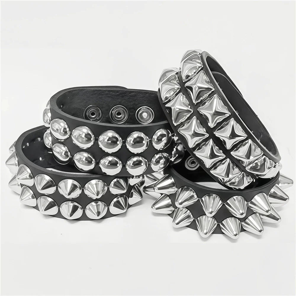Square Wide Punk Chunky Rivet Leather Bangle Rock Rows Nails Wristband Adjustable Size Jewelry Bracelets Bangle - Image 1