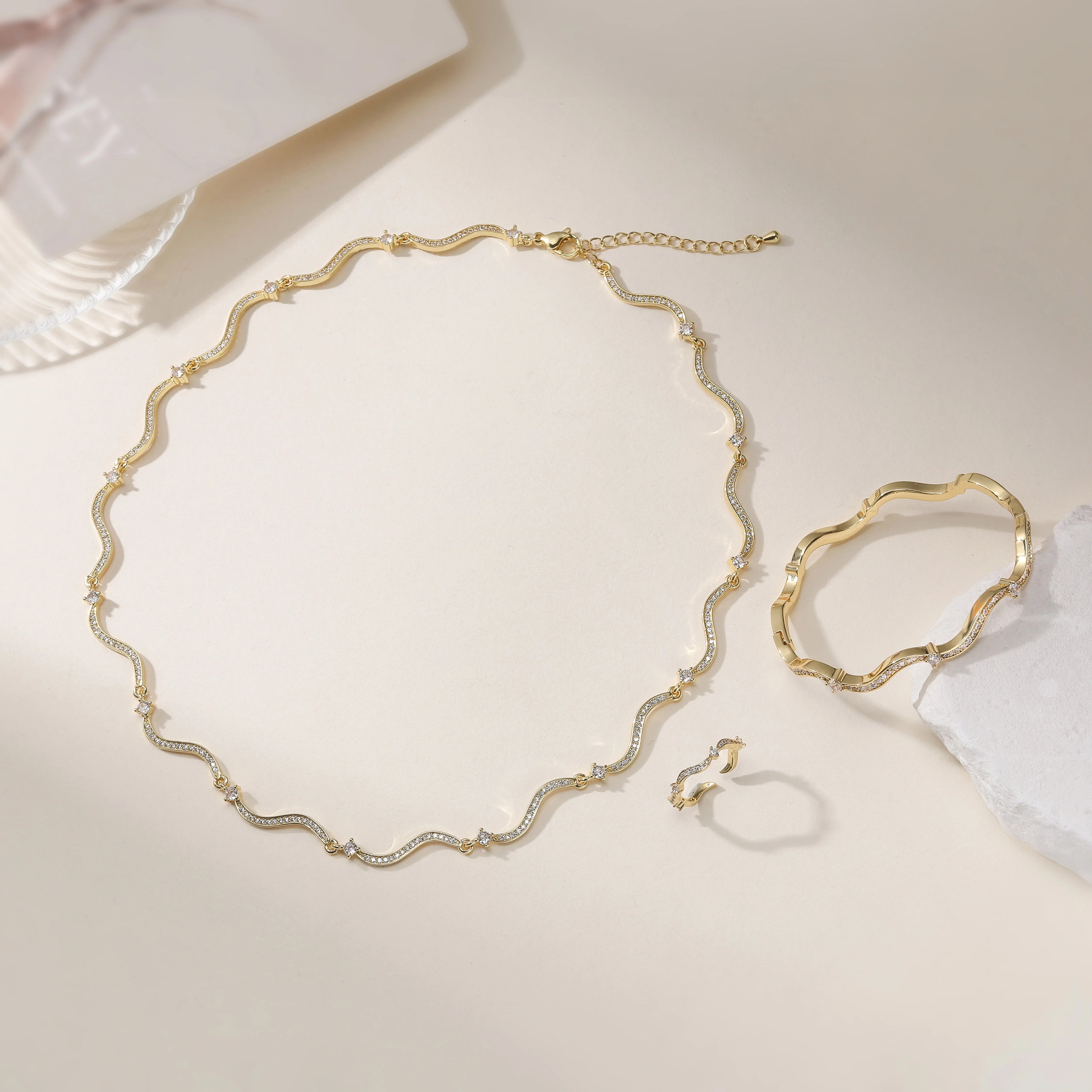 HECHENG,Korean Minimalist Style Wavy CZ Stone Chain Necklace/Bracelet/Ring Collar Jewelry Gift Selection 1 Pc - Image 1