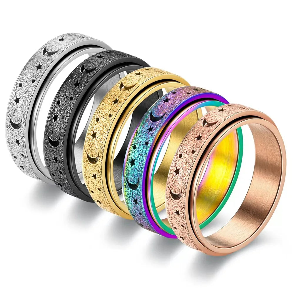 1Pc Stainless Steel Spinning Rotating Rings For Women Men 6MM Rotatable Design Moon And Star Design Ring Finger Jewelry - Image 1
