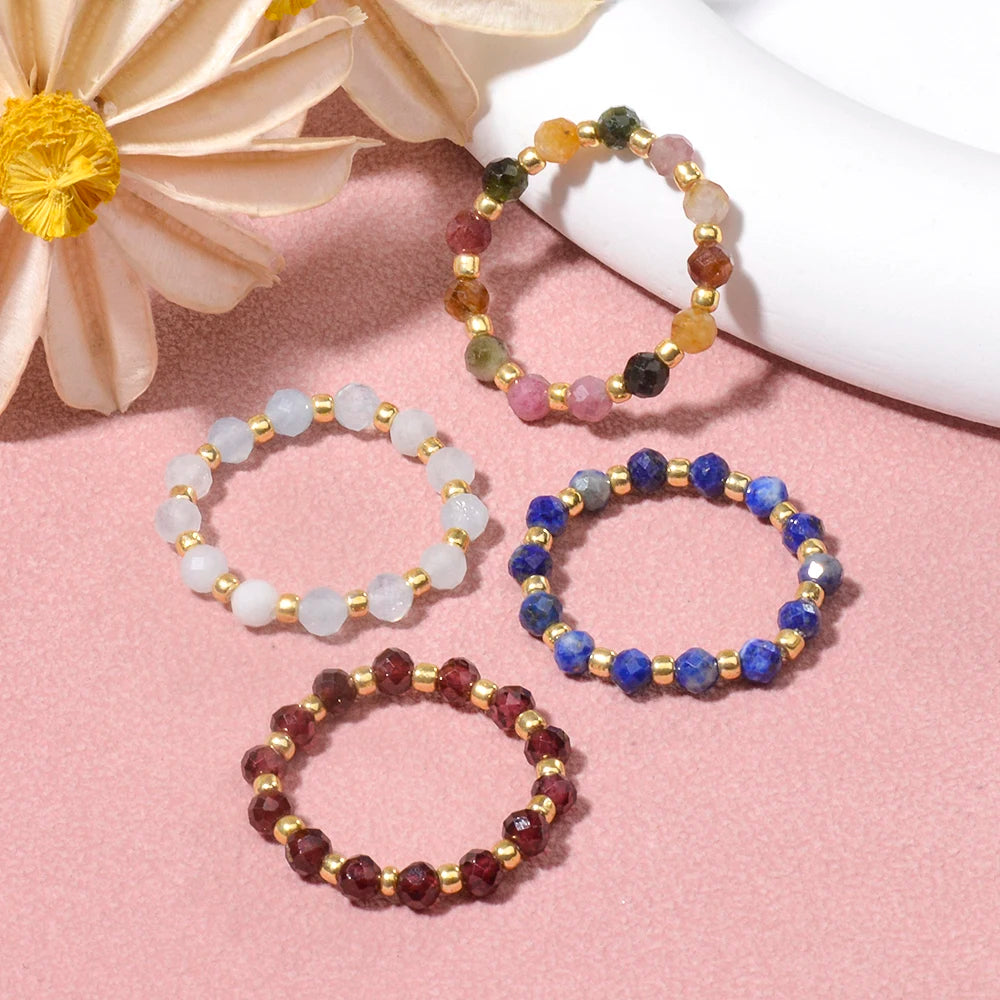 Bohemian Style Stone Tourmaline Garnet Lapis Faceted Rounds and Seed Beads Stretchable Ring for Girls Casual Daily Gift - Image 1
