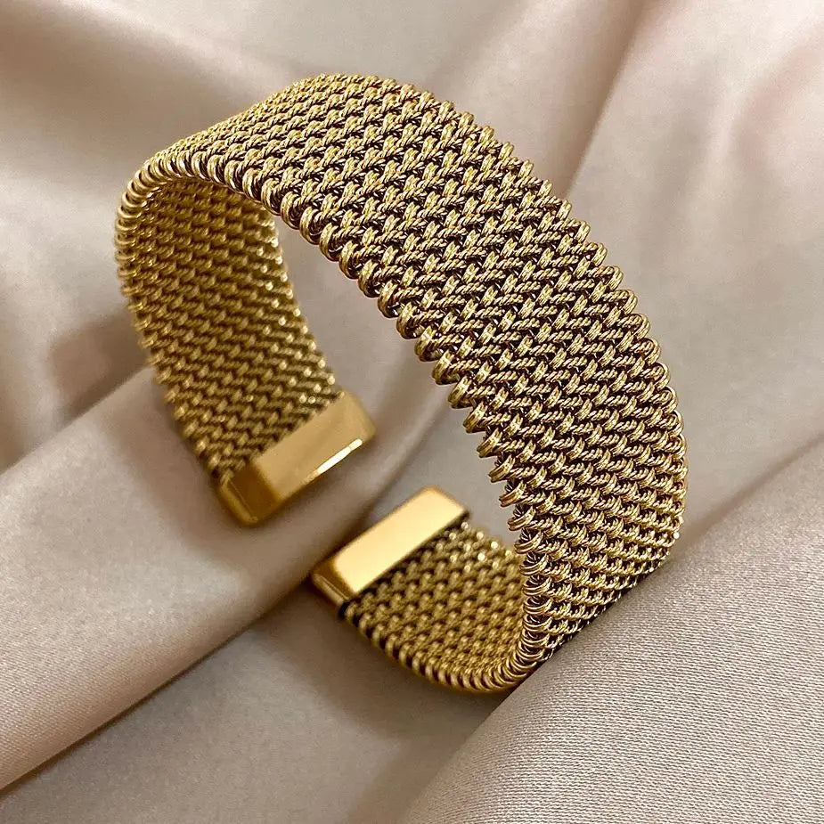 Chunky Braided Mesh Stainless Steel Cuff Bracelets Bangles Vintage Gold Silver Color Wide Open Bracelets Jewelry - Image 1