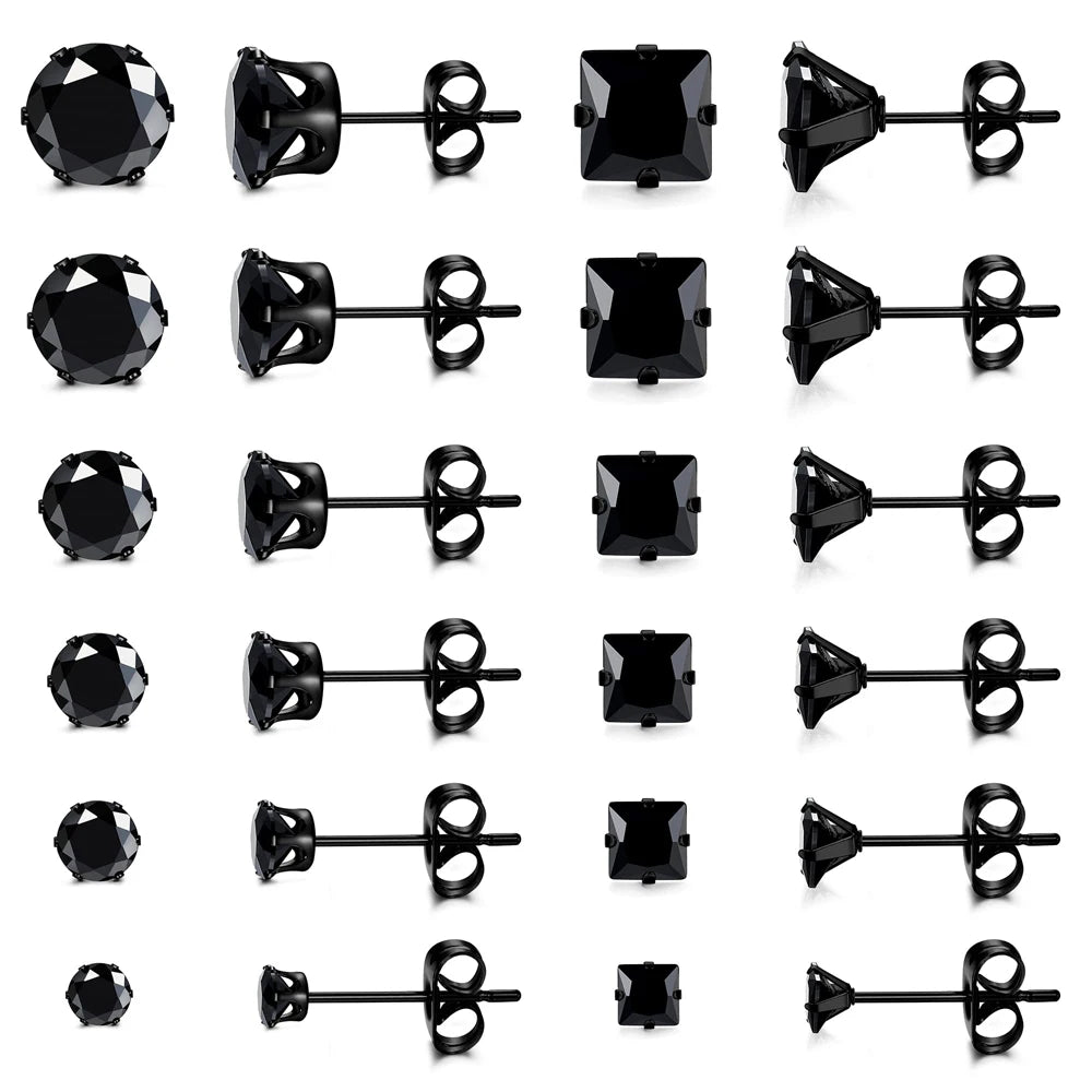 1 Pair Stainless Steel Black Round Square Cubic Zirconia Stud Earrings Set Punk Piercing Jewelry for Men Women 3-8mm - Image 1