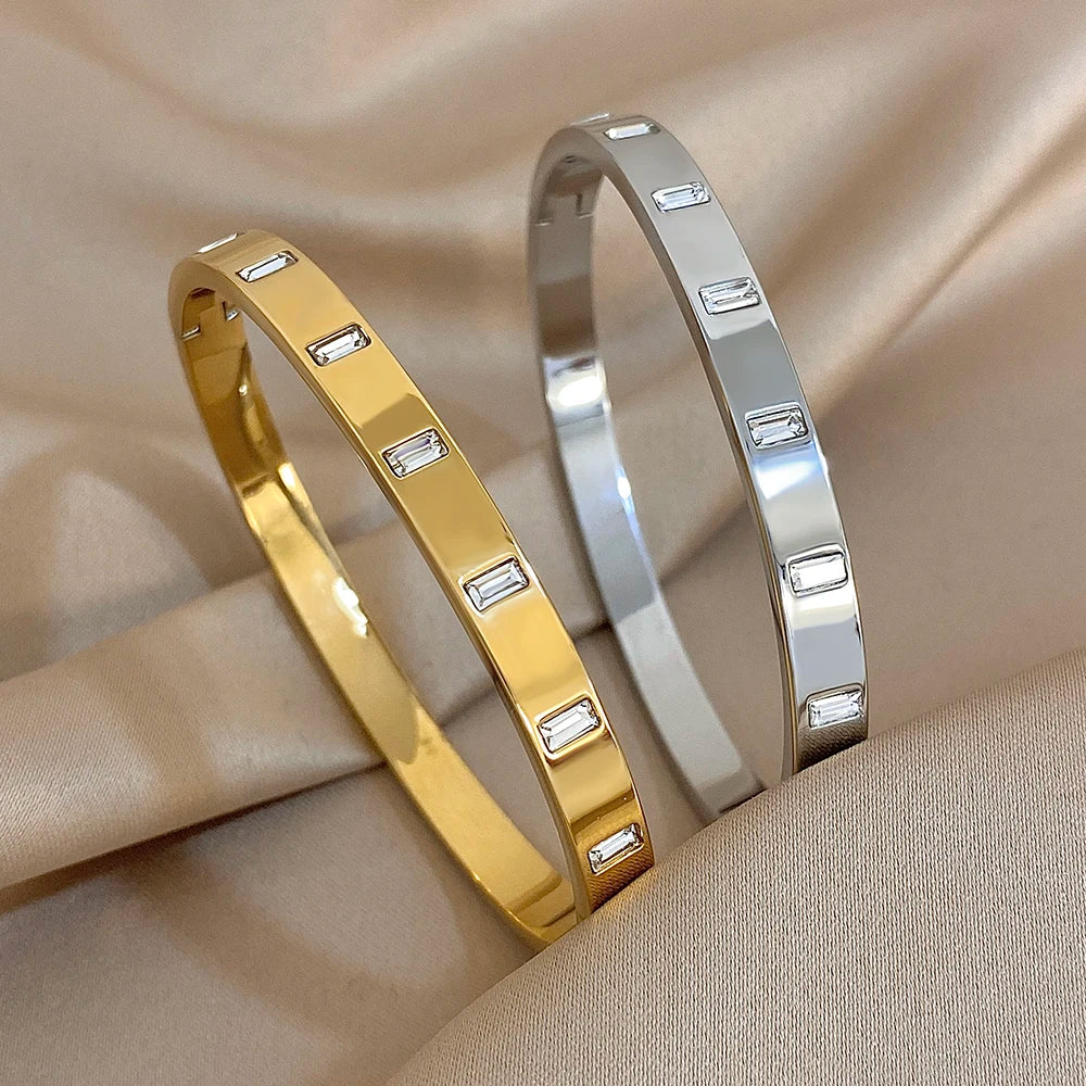 Inlaid Square Zircon Cuff Bangle Bracelets for Women Gold Silver Color Stainless Steel Stacked Bracelet - Image 1