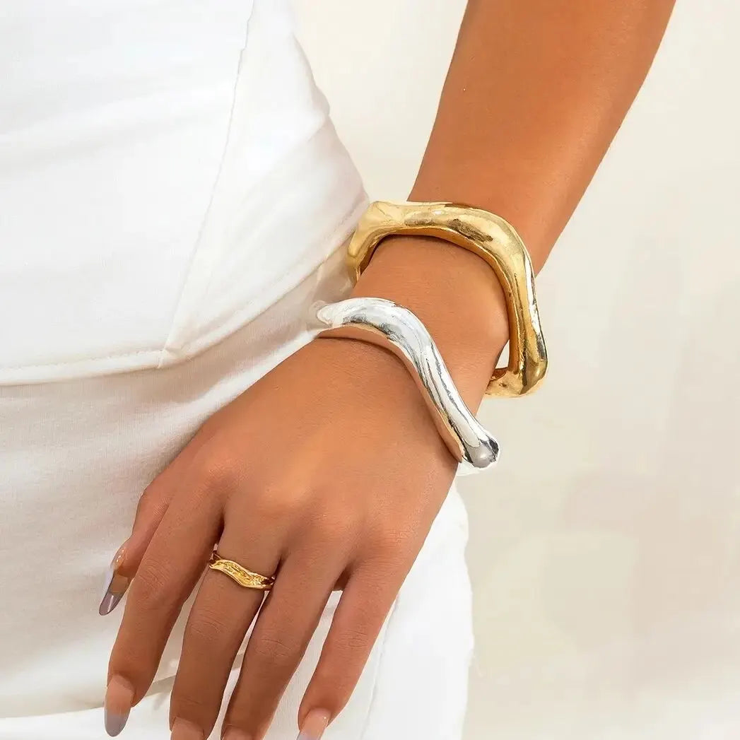 Creative Irregular Wave Open Bangles for Women Minimalist Gothic Gold Color Heavy Metal Cuff Bracelet Jewelry Gifts - Image 1