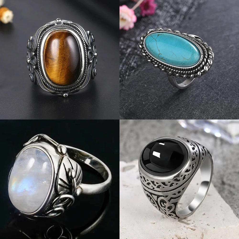 Vintage Silver Black Onyx Moonstone Ring Large Stone Big Size Ring Jewelry for Women Men - Image 1