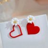 White Flower Red Heart Earring Stud Neon Yellow Sweet Hallowout Heart Daisy Flower Gold PlatingAsymmetrical Earring For Women - Image 5