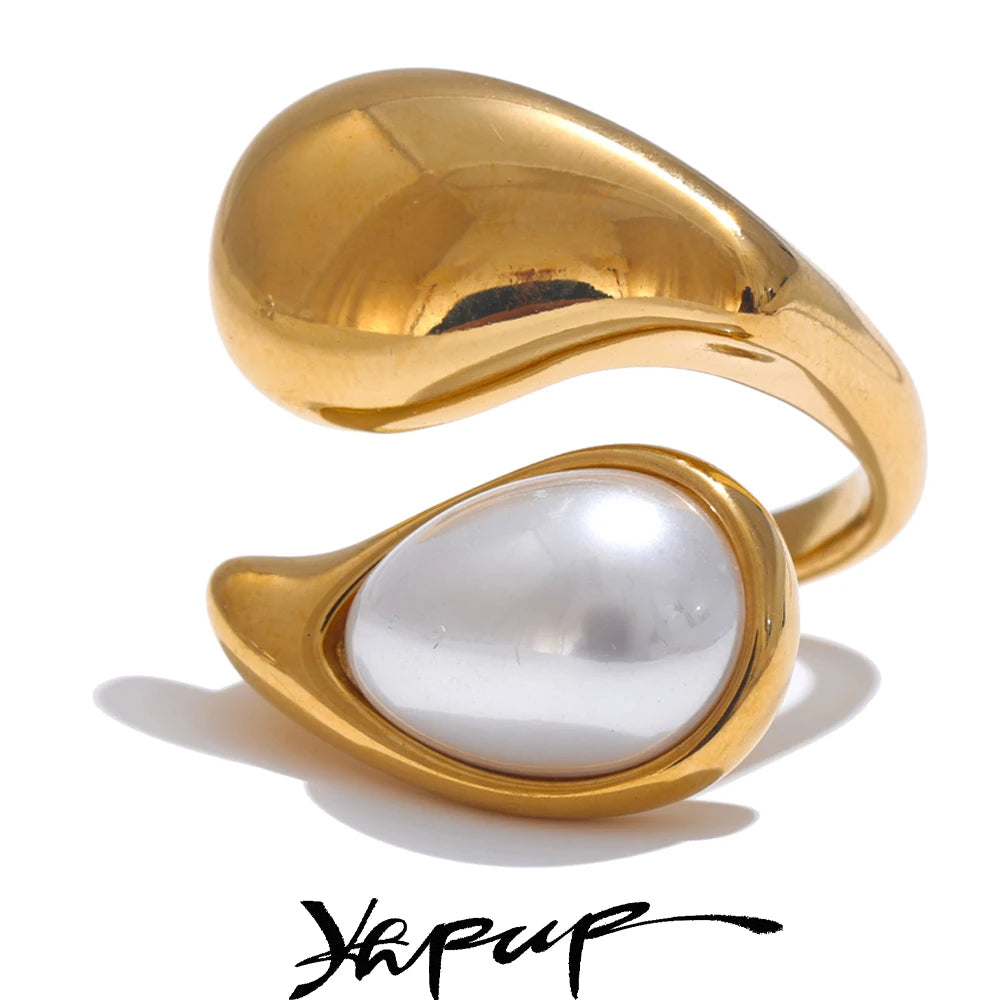 Imitation Pearl Water Drop Finger Ring Women 316L Stainless Steel Elegant Gold Platinum Plated Jewelry - Image 1