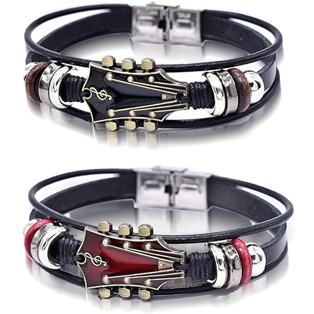 Retro Faux Leather Guitar Bracelet, Punk Rock Music Guitar Leather Bracelet, Handmade Braided Multi-Layer Wrap Bracelet - Image 1