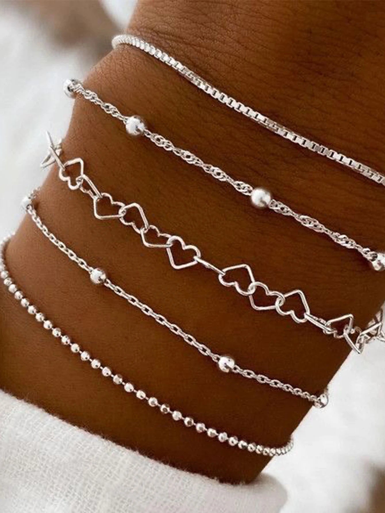 5PCS/7PCS Stainless Steel Love Bead Chain Bracelet Set Commuter Elegant Leisure Accessories Neutral Stackable - Image 1
