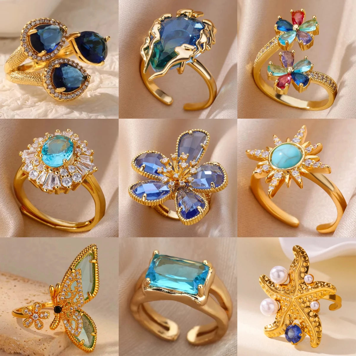 Blue Colorful Zircon Rings For Women Stainless Steel Gold Plated Flower Butterfly Ring Party Shiny Jewelry - Image 1