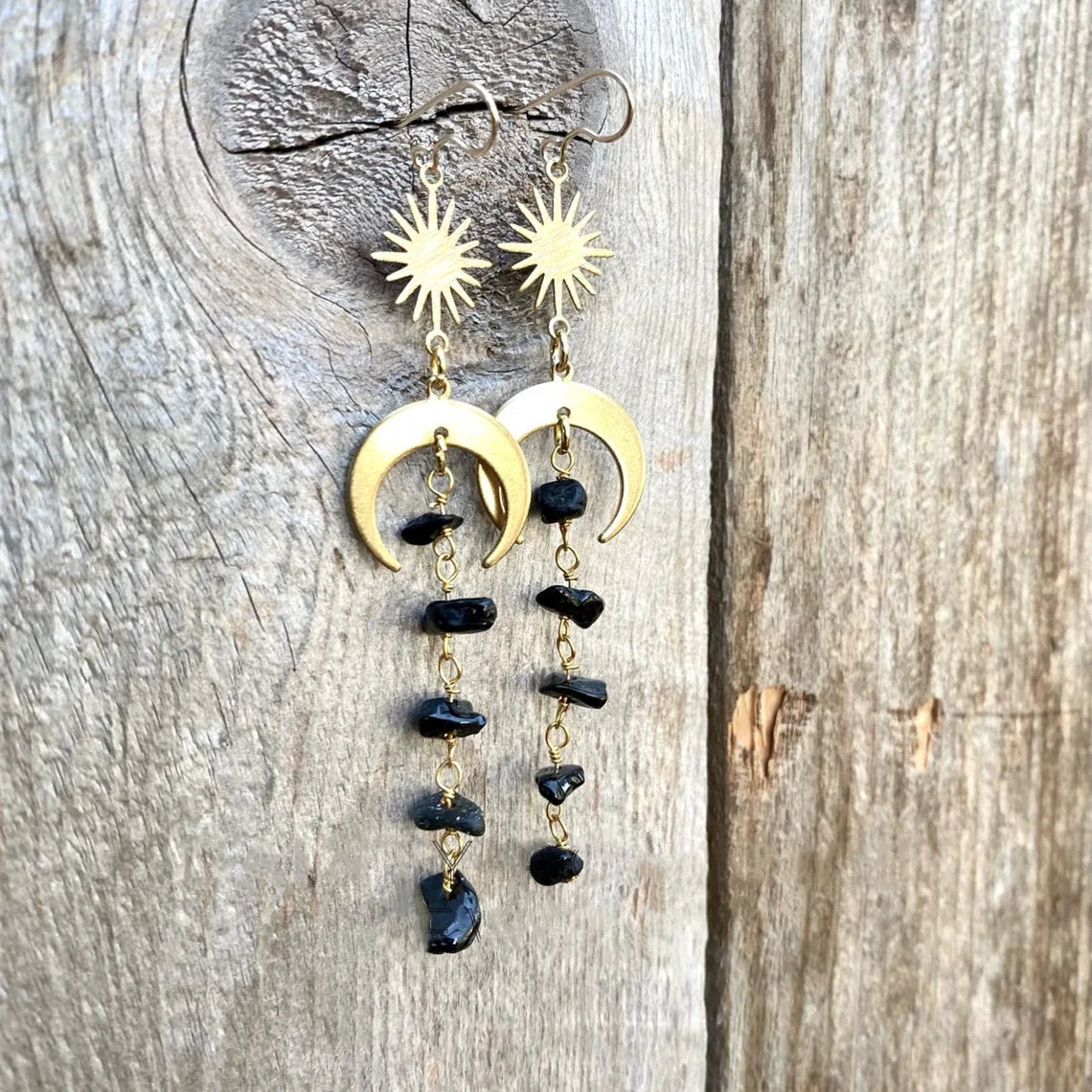 crushed stone earrings, Bohemian jewelry, colored stones, irregular, moon, sun, stars, brass, simple ear hooks For Women - Image 1