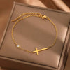 Stainless Steel Gold Color Cross Chain Bracelet for Women Shiny CZ Zircon Charm Hand Bracelet Wedding Jewelry Gift - Image 1
