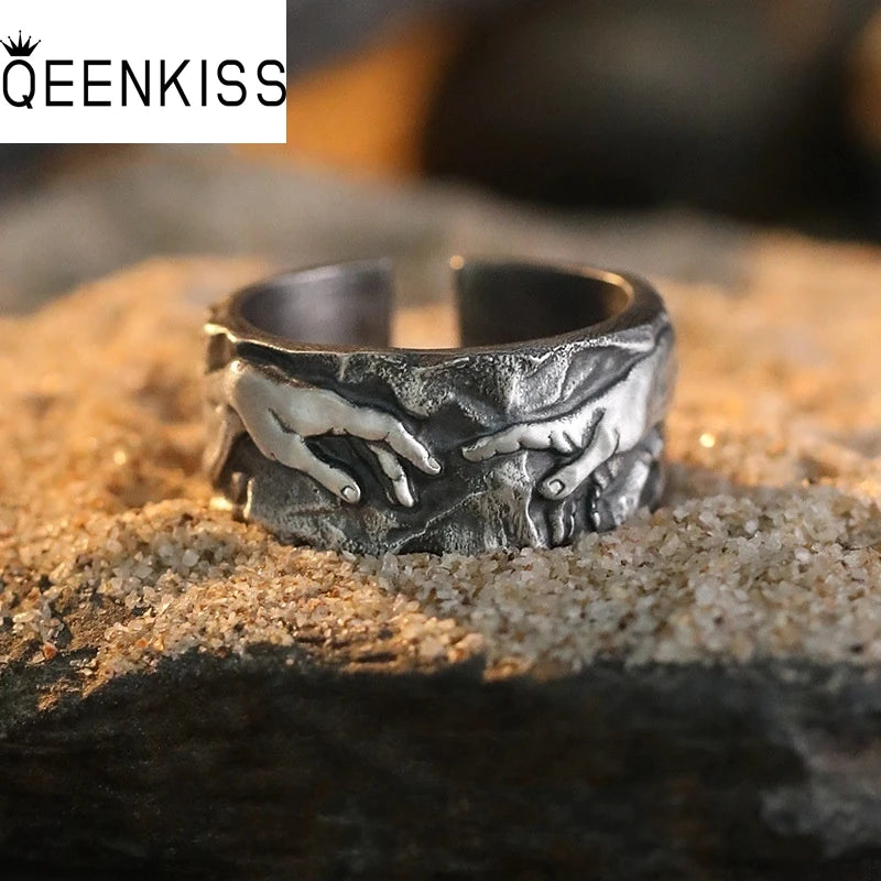 Qeenkiss Silver Vintage God Hand Ring for Men Jewelry Birthday Wedding Party Boyfriend Father Gift - Image 1