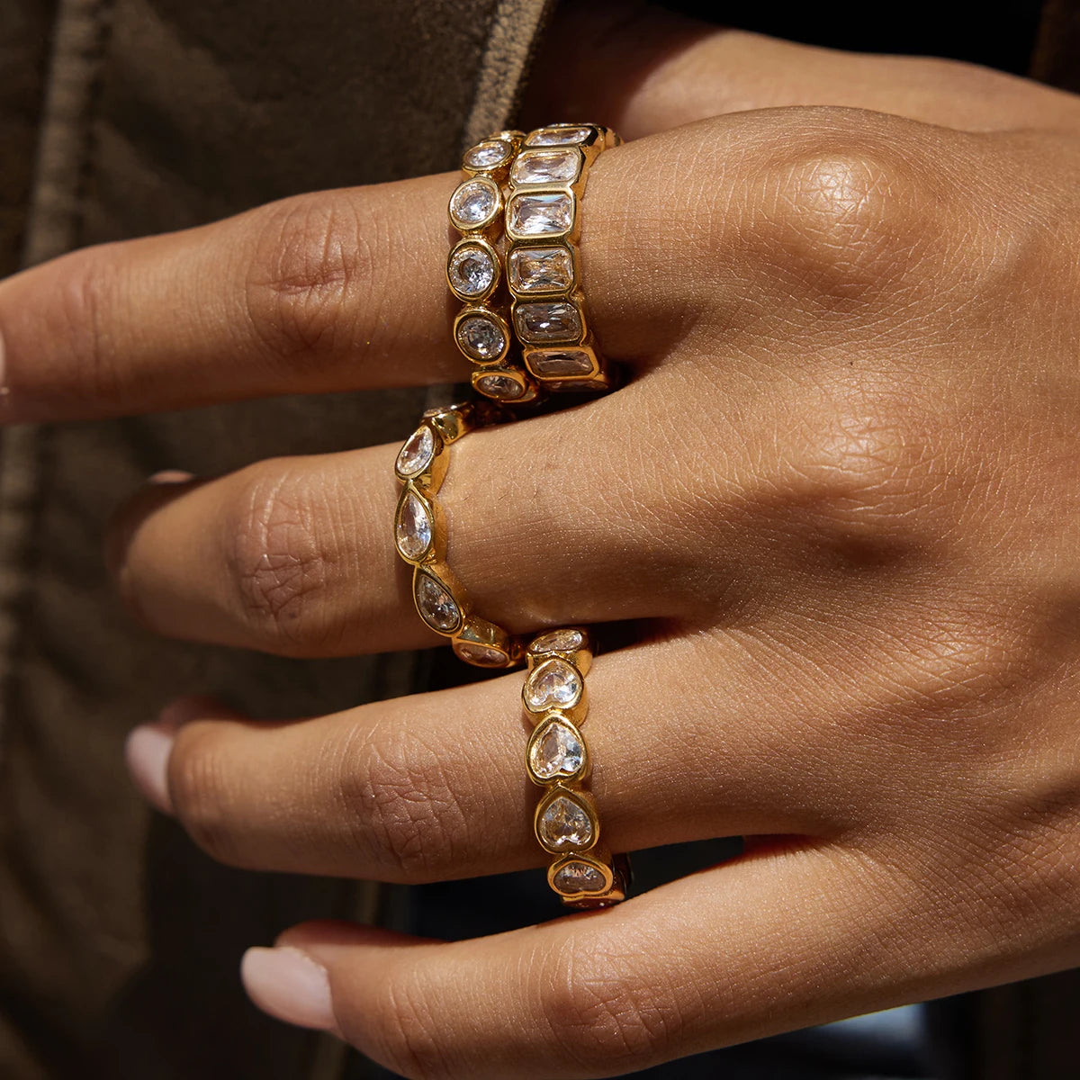 Stackable Water Drop Cubic Zirconia Ring in Gold-Tone Stainless Steel - Image 1