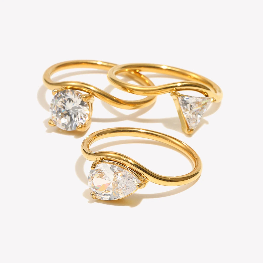 Wave Drop Round Zircon Ring Minimalist 316L Stainless Steel Women's Rings Gold Plated Accessories - Image 1