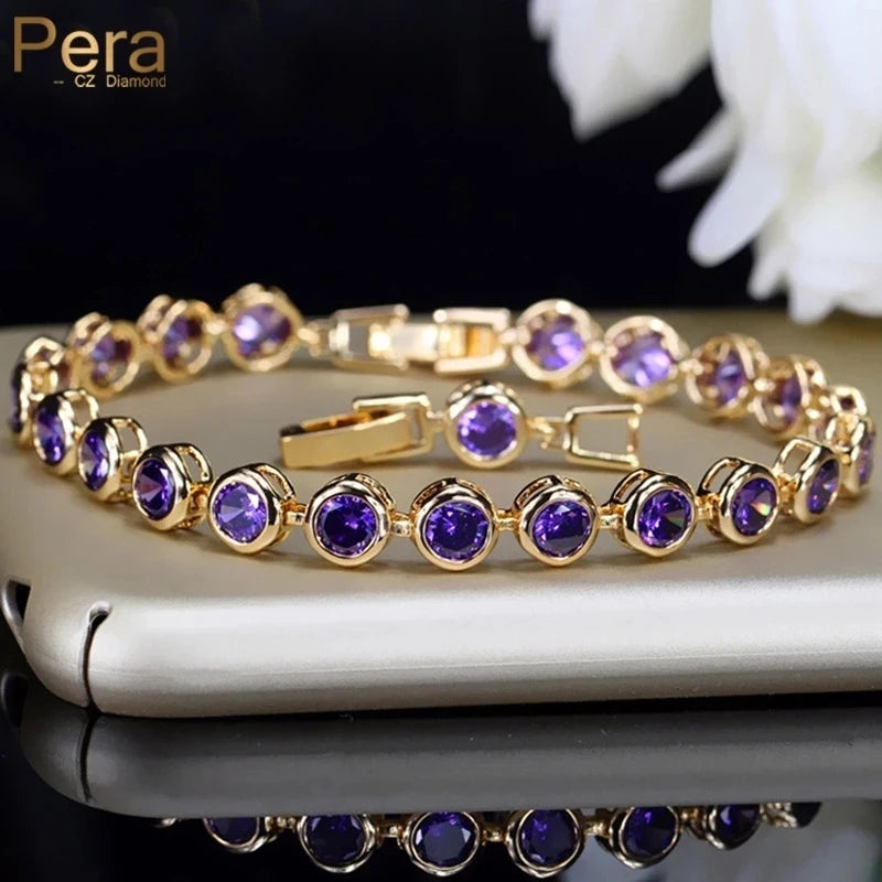 Pera Design Gold Color Round Shape Purple Cubic Zirconia Stone Charm Link Bracelets Wedding Jewelry for Women - Image 1