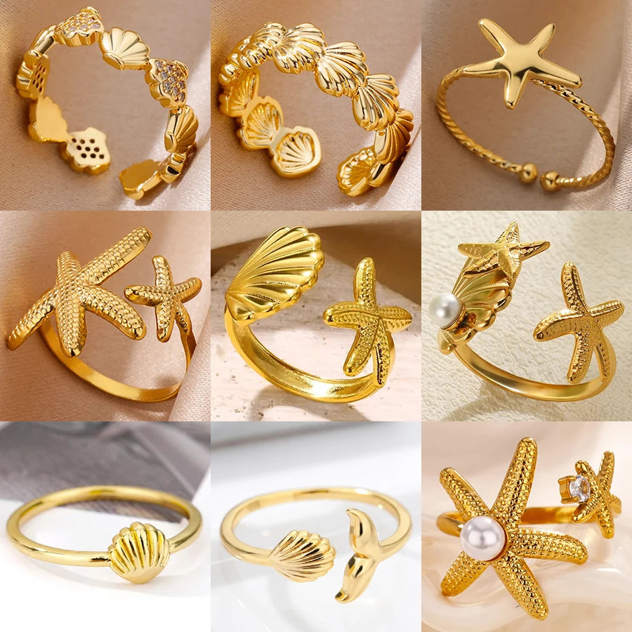 Starfish Shell Stainless Steel Open Rings For Women Gold Color Finger Ring Summer Beach Vacation Ocean Jewelry - Image 1