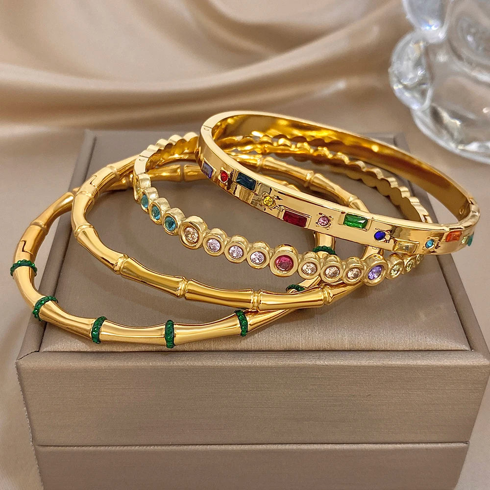 Simple Green Resin Bamboo Joint Bracelet For Women Classic Irregular Colored Cubic Zircon Filled Cuff Bangle Accessories Jewelry - Image 1