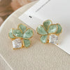 Green Enamel Oil Flower Stud Earrings for Women Fold Petal Square Rhinestones Earrings Party Sweet Jewelry Girls Gift - Image 2