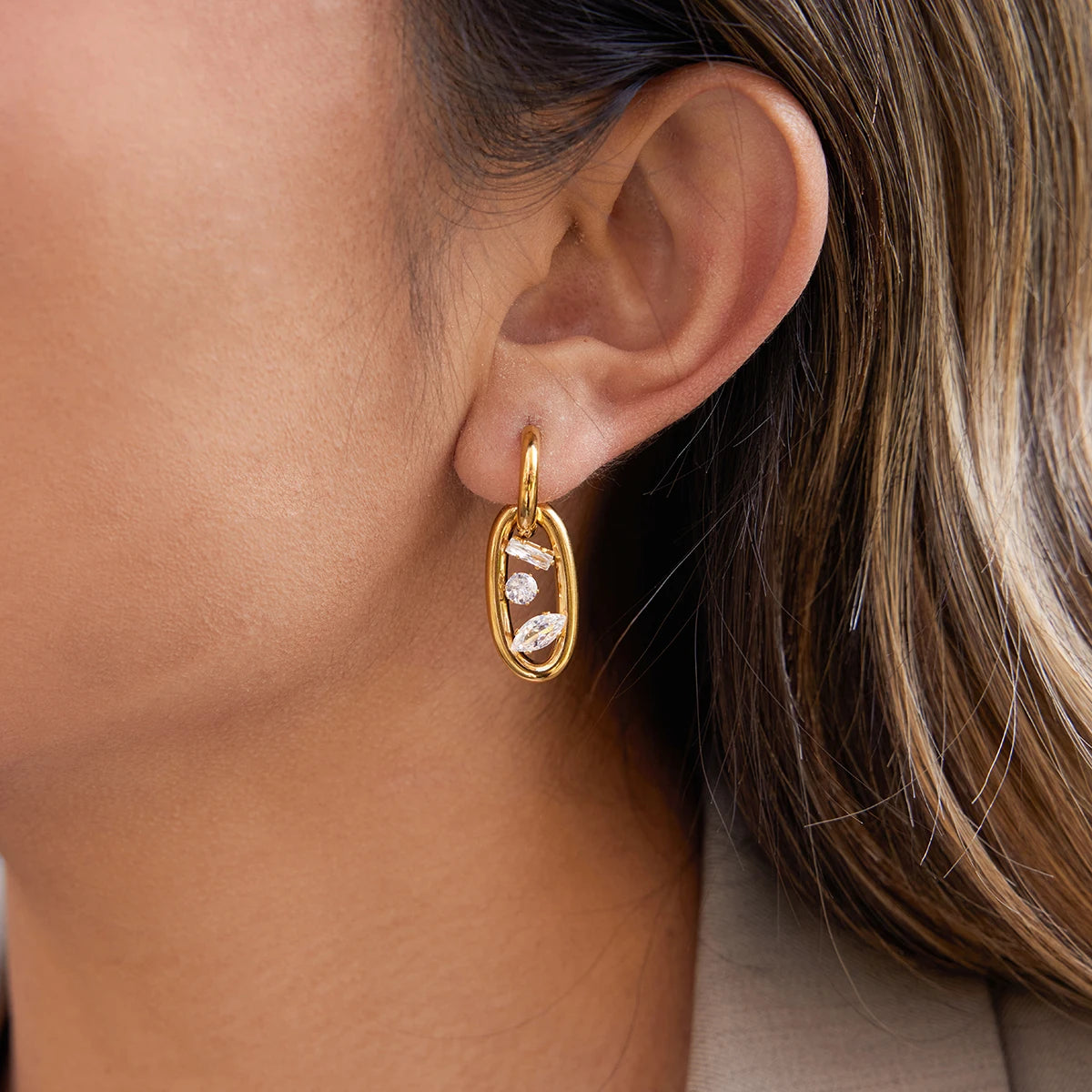 Geometric Zircon Drop Earrings For Women Minimalist Gold Plated Stainless Steel Earrings Jewelry Gift - Image 1