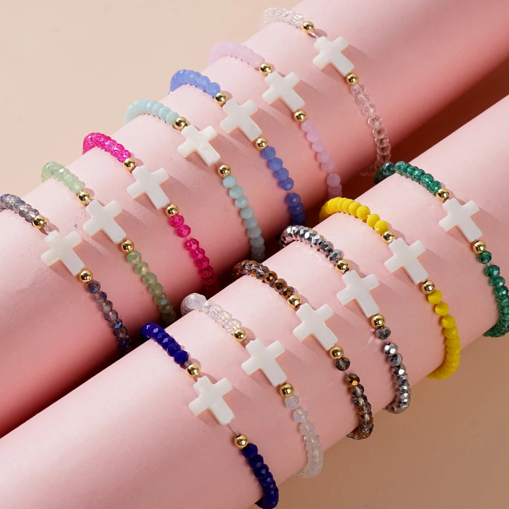 Beaded Bracelet with Cross Charm and Multiple Color Styles - Image 1